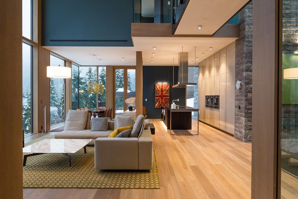 Contemporary entertainment kitchen, living, dining room