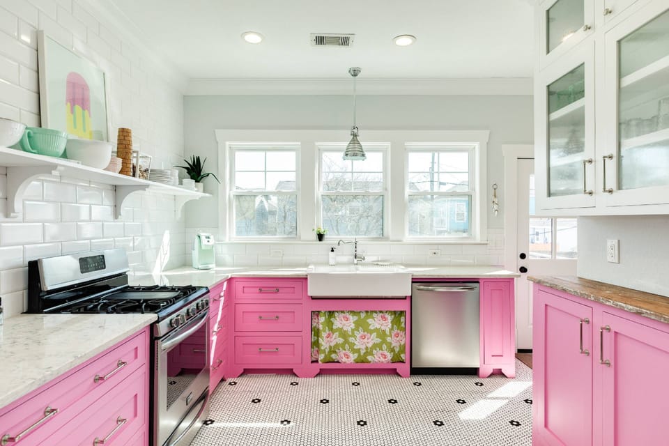 Stylish Pink Kitchen full of natural light