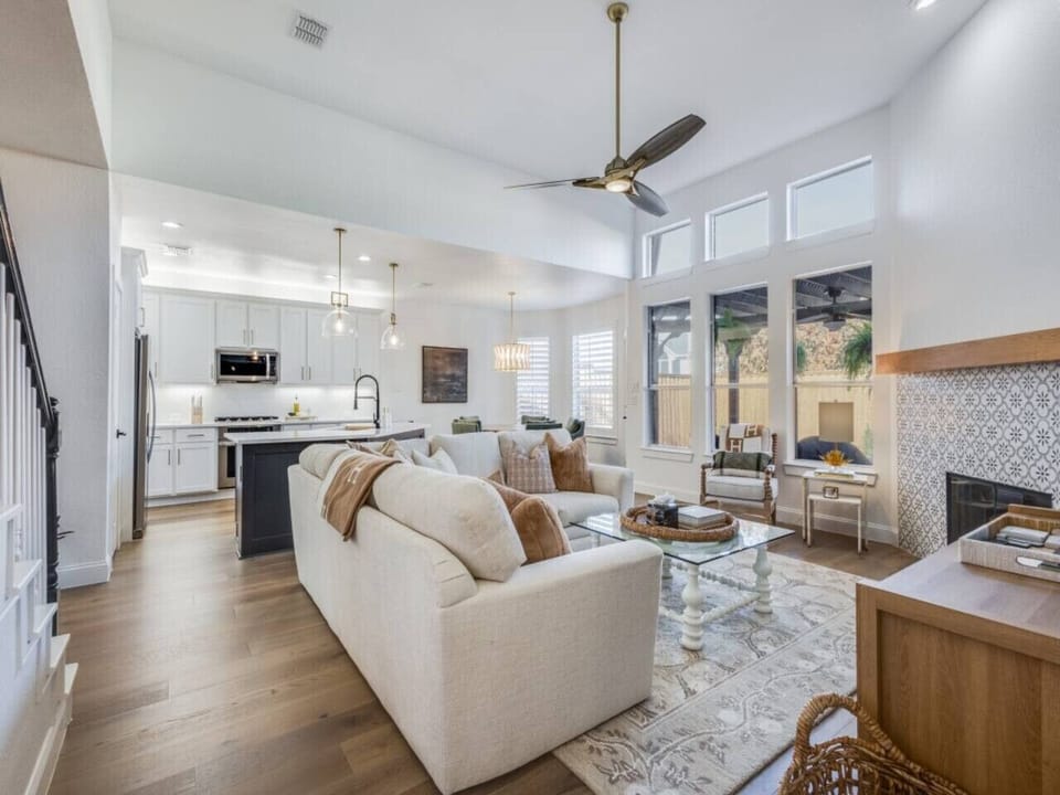 Relax in style with a large, comfy couch and smart TV