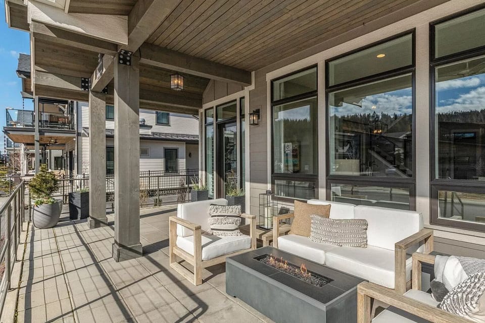 Patio located off the main living area with outdoor seating an firepit