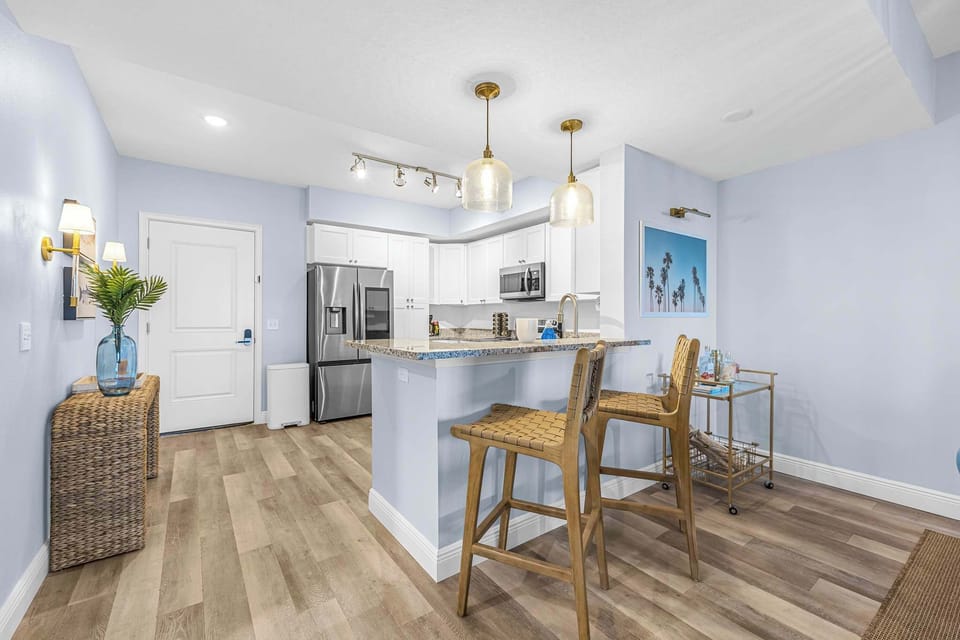 Modern kitchen with granite countertops and stainless steel appliances