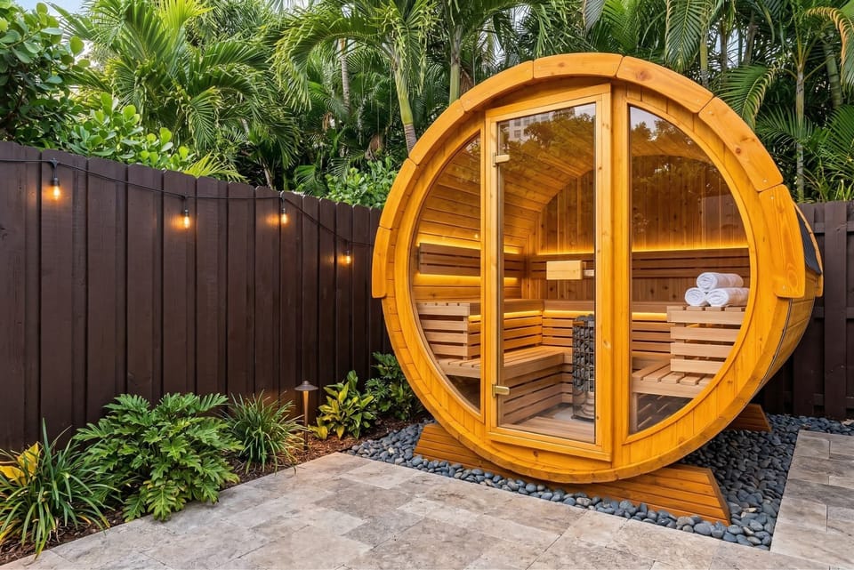  Enjoy a playful barrel sauna perfect for relaxation under the Florida sun!