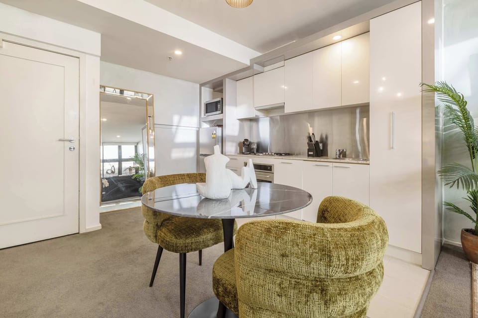 Modern kitchen with cozy dining space and stylish seating