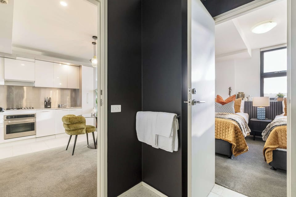 Convenient layout with direct access from the modern kitchen to the stylish bedroom and bathroom