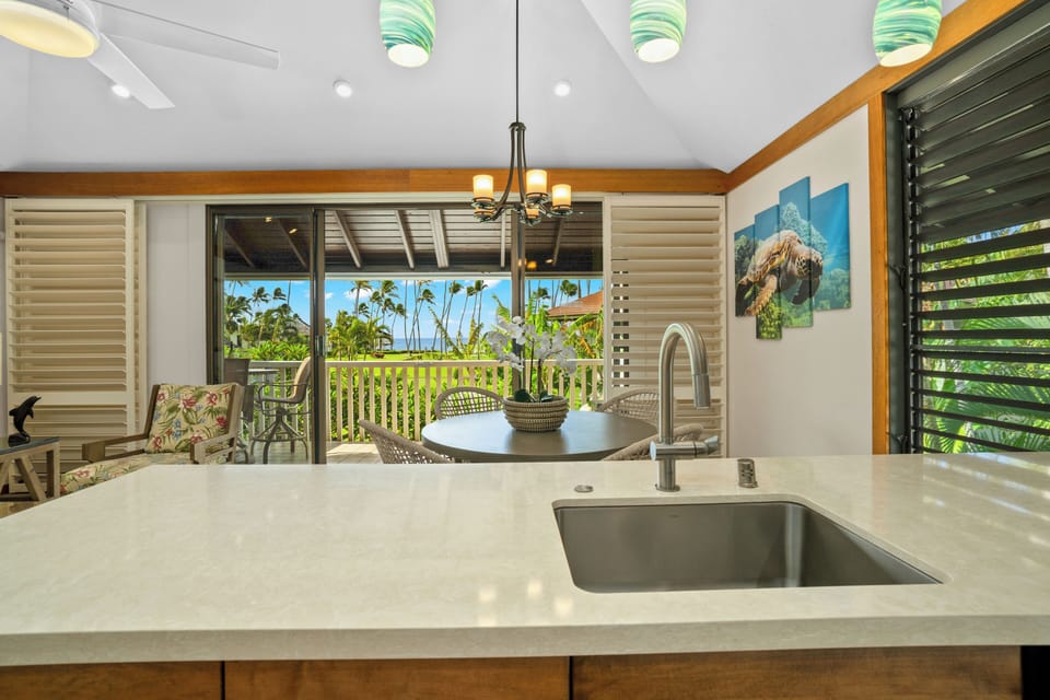 View from Kitchen through the Lanai. Large working area for cooking
