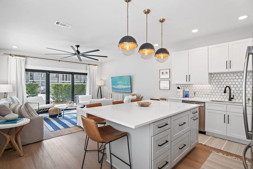 Fully equipped kitchen overlooking the living space