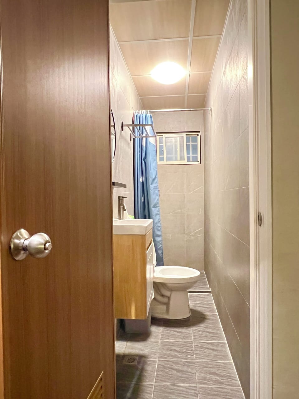 Shower, rainfall showerhead, hair dryer, slippers