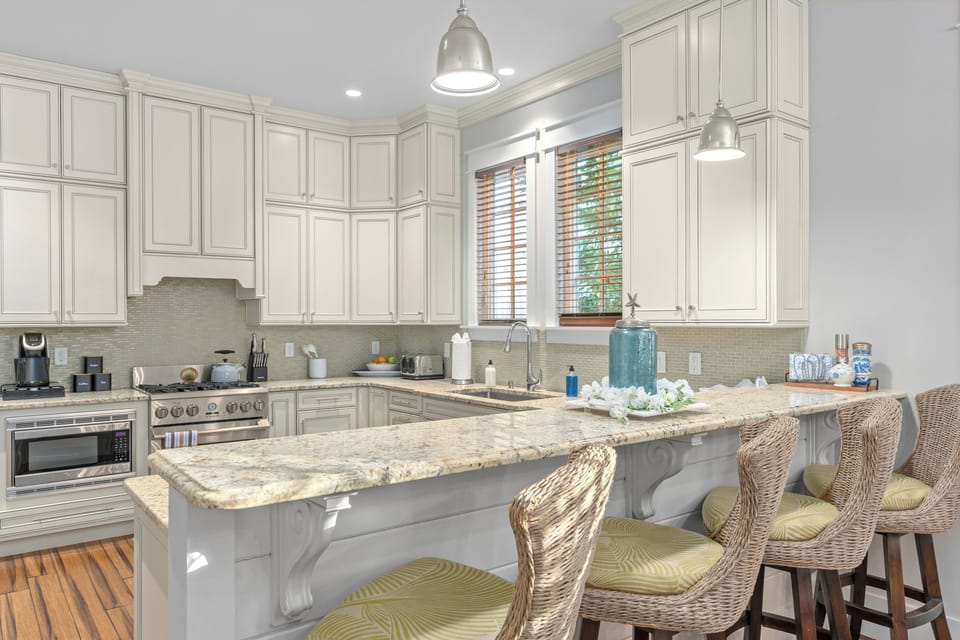 Barstool seating in the kitchen.