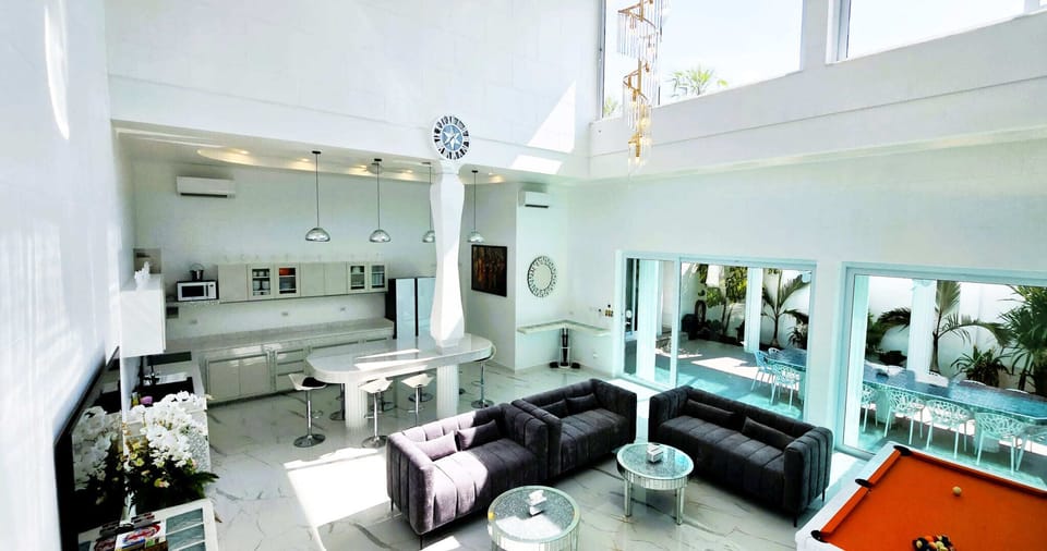 Luxury Villa, Private Pool | Living area | 85-inch LED TV with cable channels, video-game console, Netflix