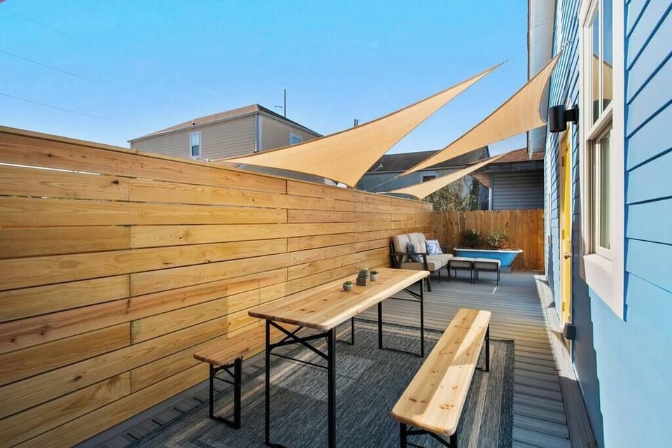 Private back deck lounge area with sun or shade, your pick!