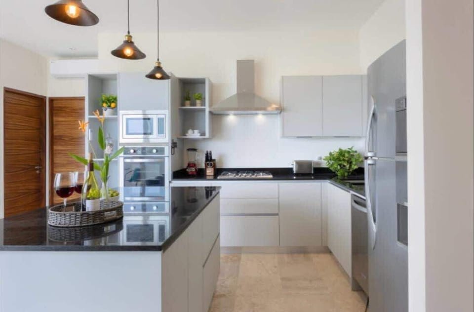 There’s a fully equipped kitchen with everything you’d need to prepare meals at home