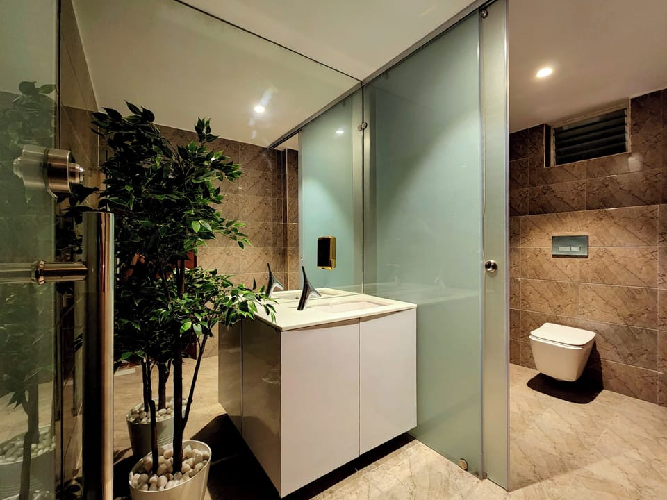 Bidet, towels, soap, shampoo