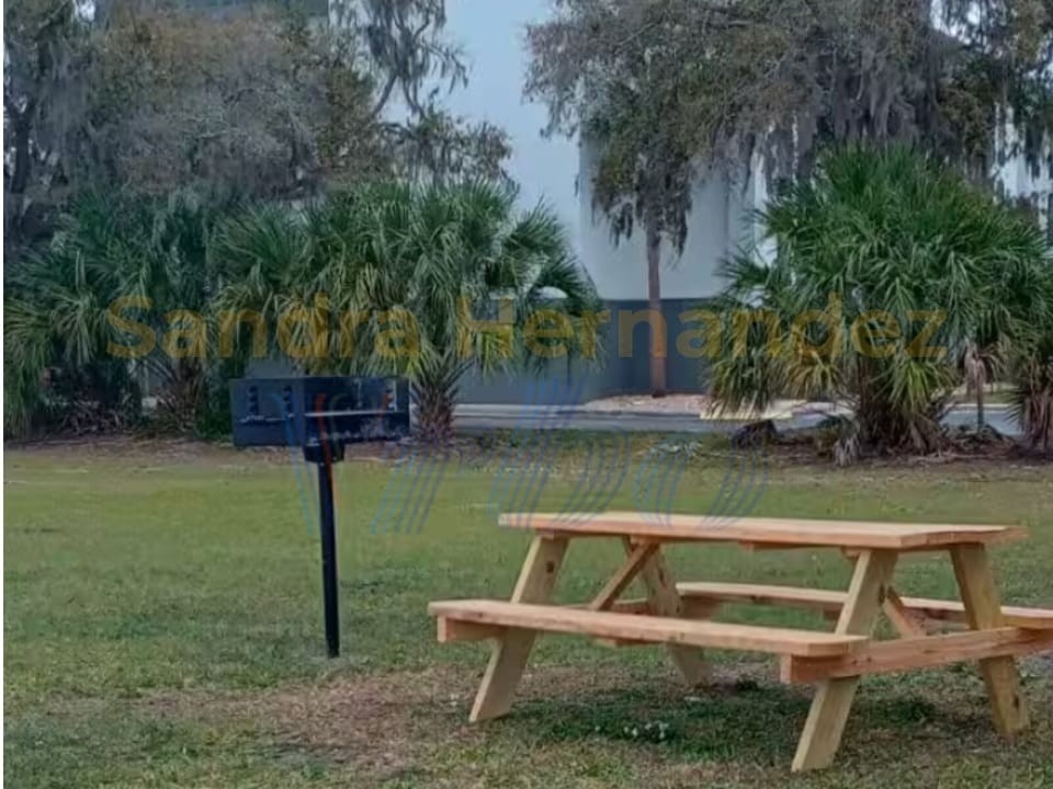 Outdoor charcoal grill with cozy picnic tables