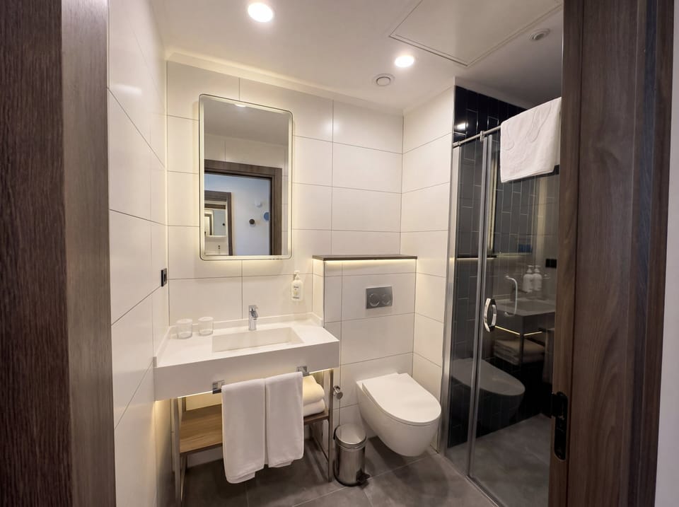 Shower, rainfall showerhead, hair dryer, slippers