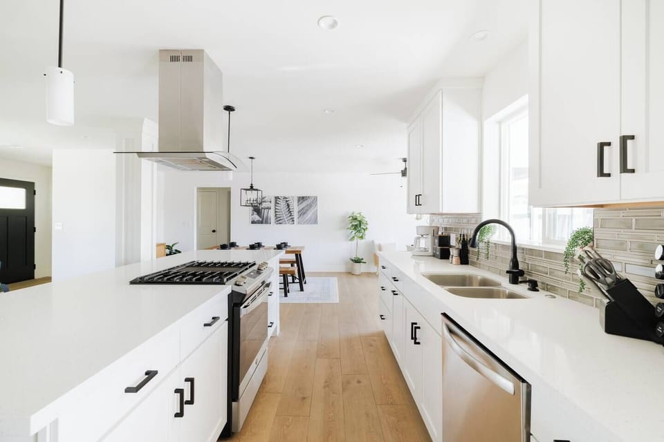 Fully equipped kitchen ready for group meals and morning coffee.