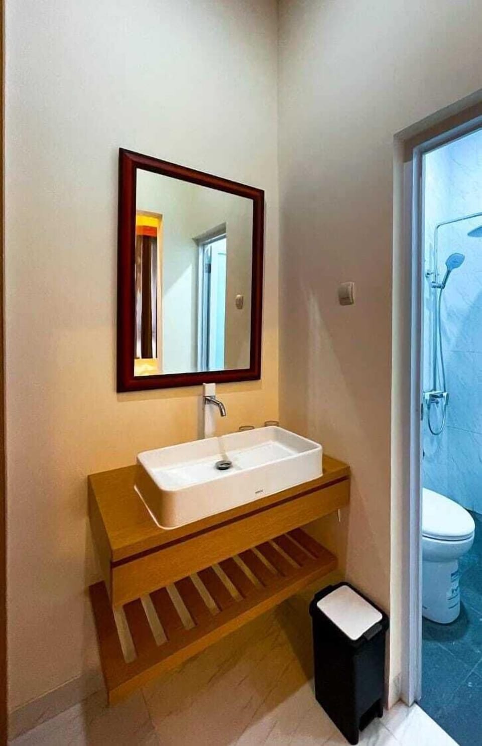 Shower, slippers, towels, soap