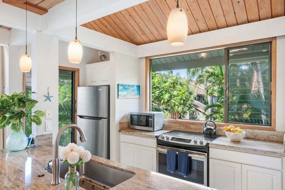 Fully equipped kitchen with stainless steel appliances, granite countertops, and tropical garden views