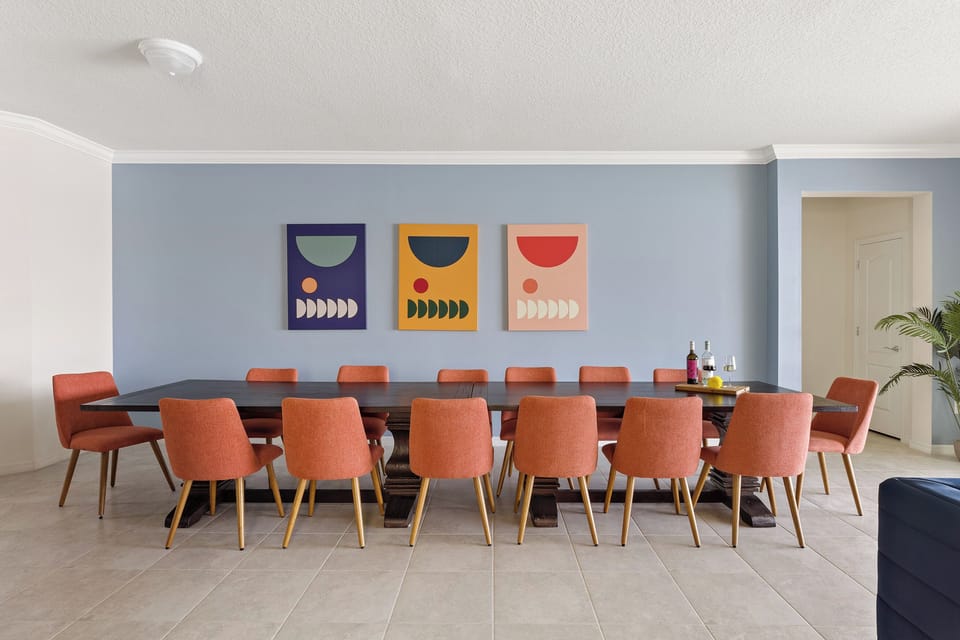 The dining table seats 14