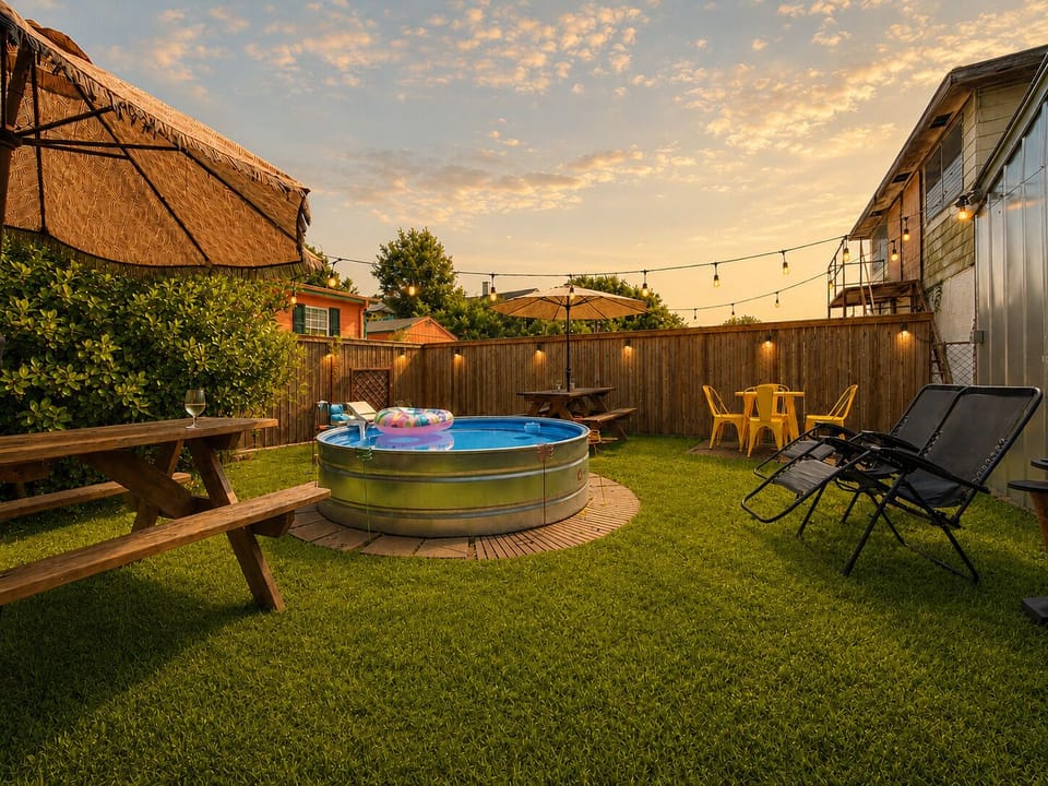 String lights, a bubbling cowboy pool, and a Meyer lemon tree — this backyard has magic all around