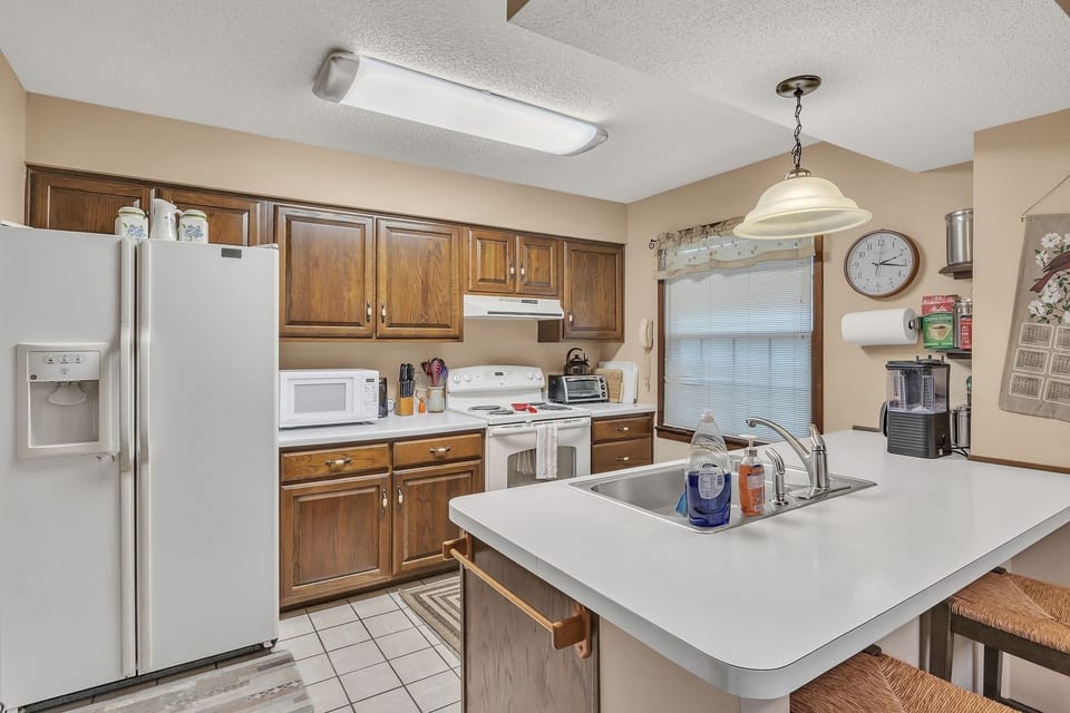 Indoors, Kitchen, Sink, Refrigerator, Microwave