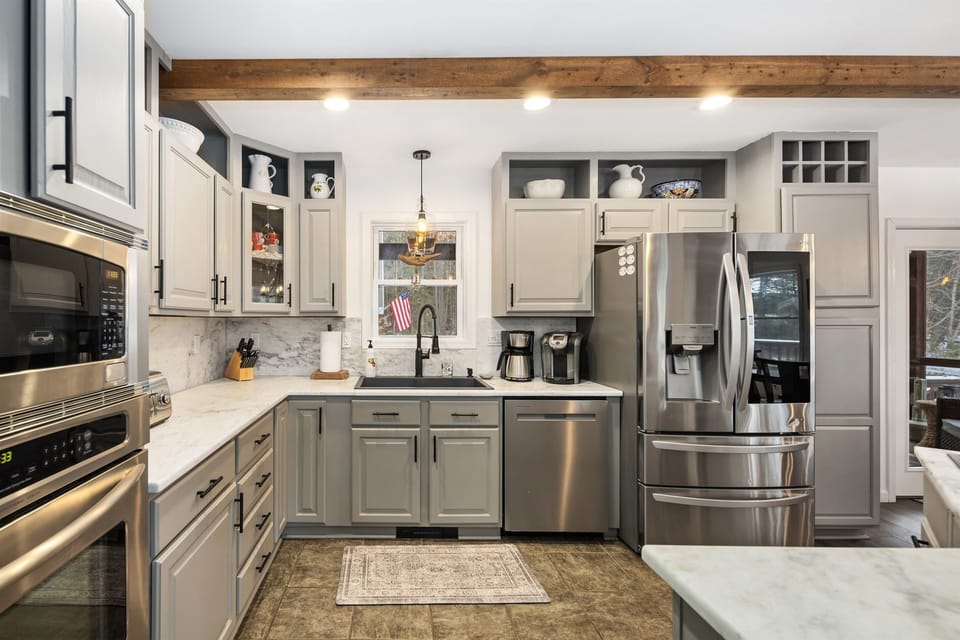 Our stylish kitchen is well equipped with pots, pans, bakeware, and the utensils you'll need to prepare meals at home