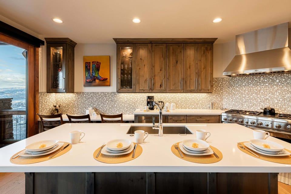 Stone counters and tile backsplash