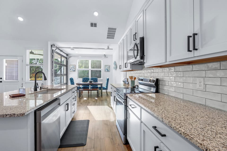 The kitchen opens up to the dining room