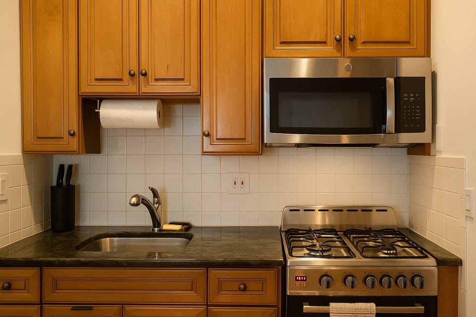 Warm lighting, tidy setup—perfect for cooking or coffee