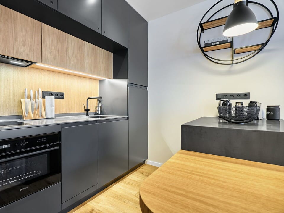 Interior Design, Wood, Flooring, Furniture, Kitchen, Countertop, Floor, Kitchen Appliance, Cabinetry, Ceiling