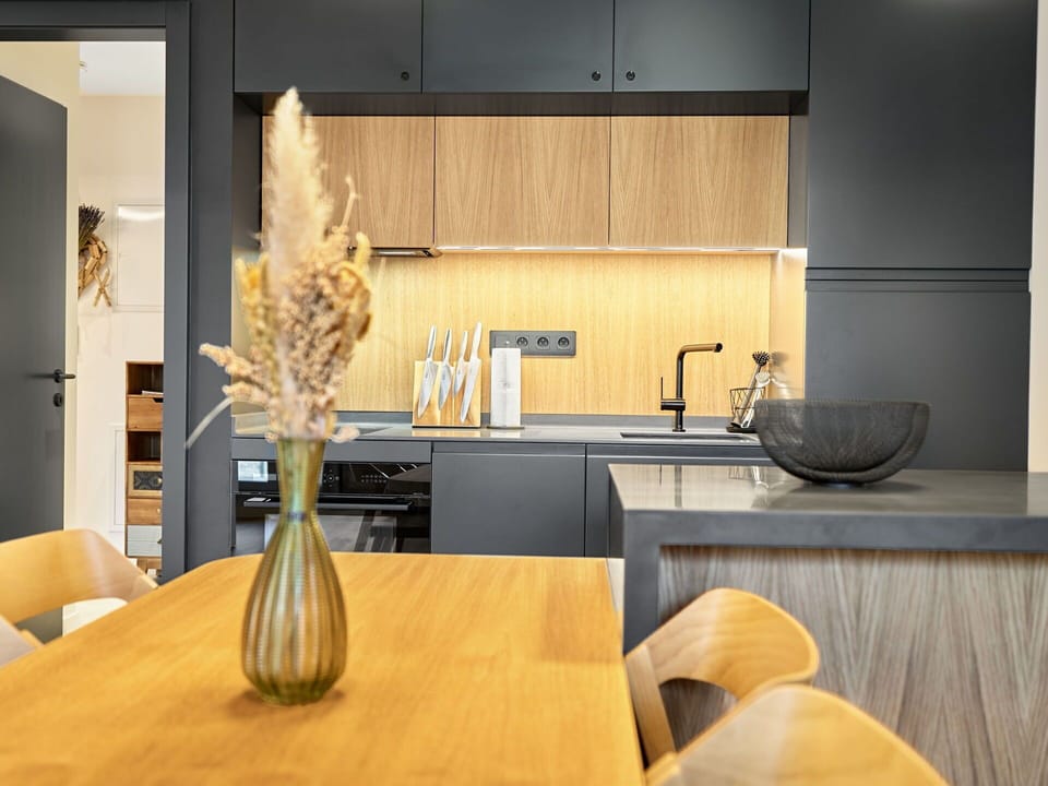Furniture, Interior Design, Kitchen, Countertop, Flooring, Cabinetry, Wood, Kitchen Appliance, Floor, Home