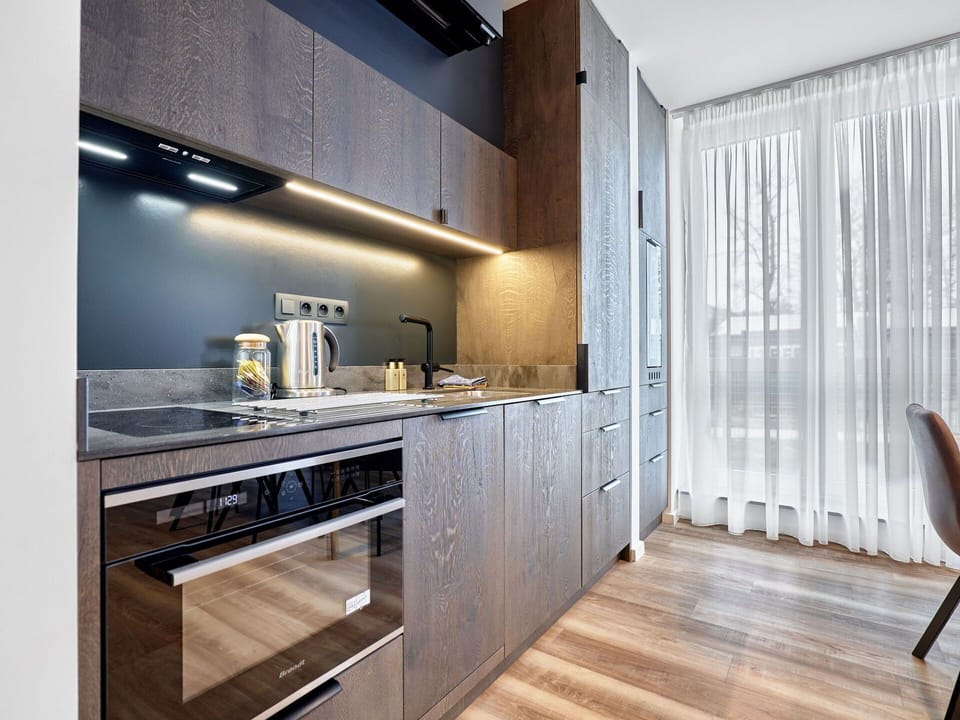 Interior Design, Flooring, Wood, Furniture, Floor, Ceiling, Cabinetry, Countertop, Kitchen, Apartment