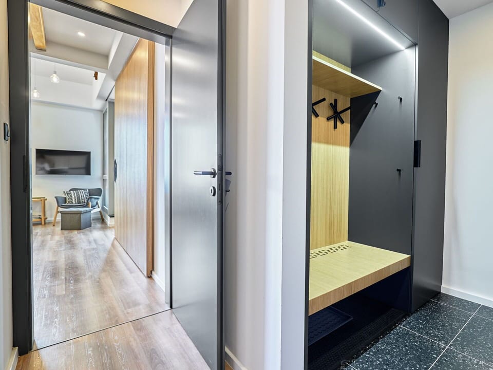 Flooring, Interior Design, Floor, Wood, Ceiling, Wood Flooring, Furniture, Lighting, Room, Door
