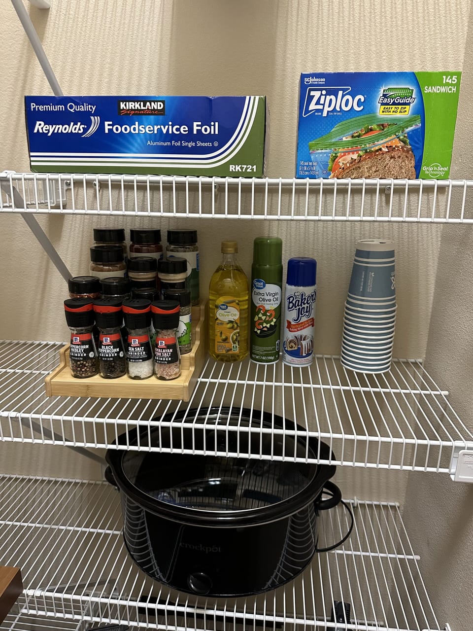 Spices and oils, foil, ziplock bags, crockpot, blender, electric smores kit