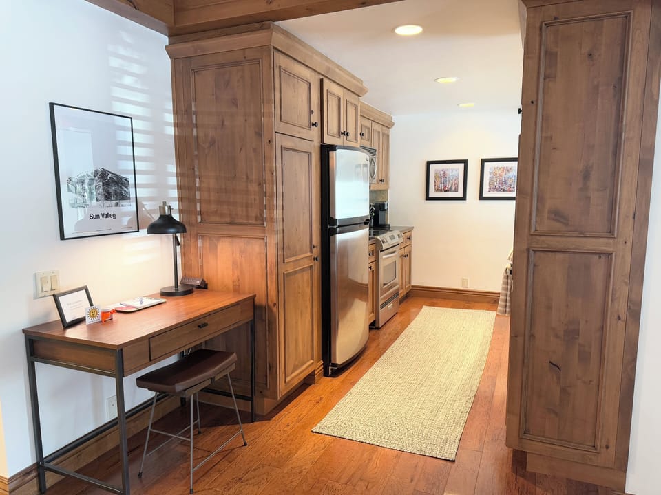 Office space and kitchen view 