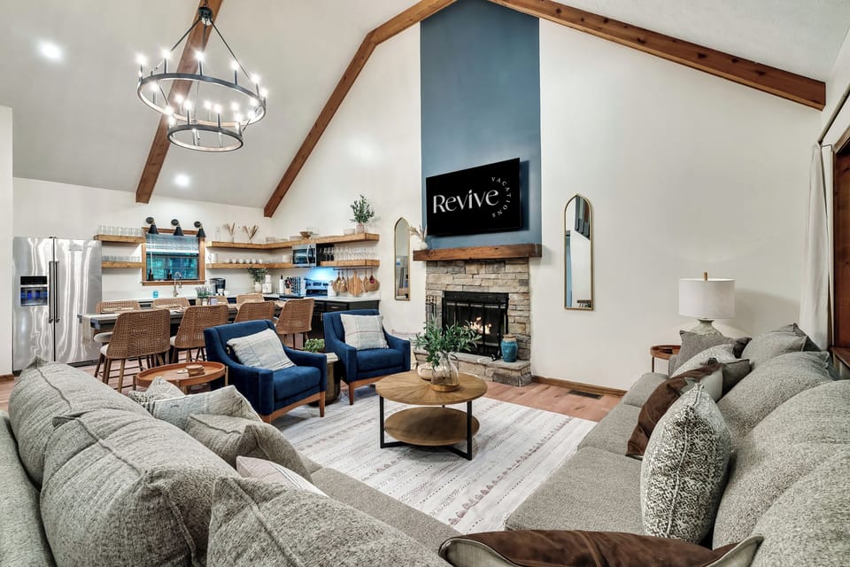 Cozy up by the wood-burning fireplace.