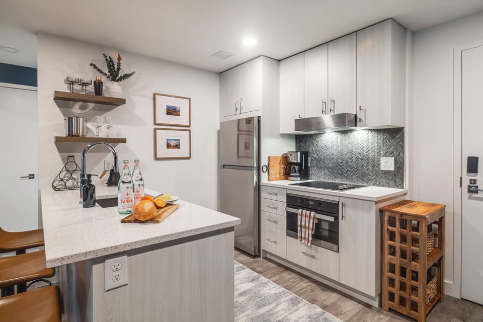 Sleek, fully equipped kitchen.