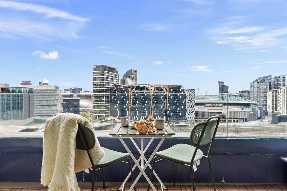 Enjoy city views from the balcony.