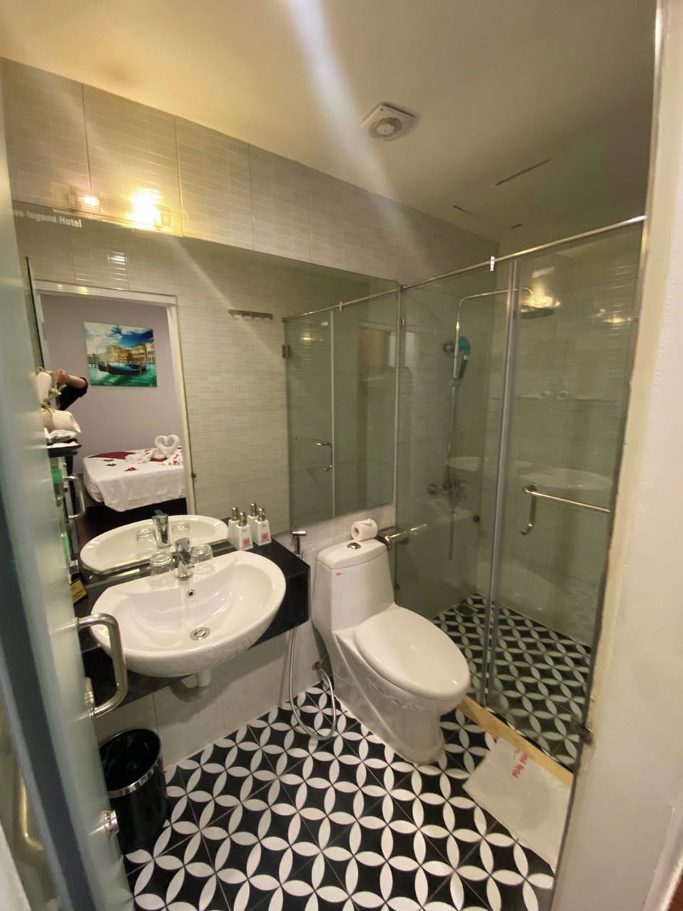 Hair dryer, towels, soap, shampoo