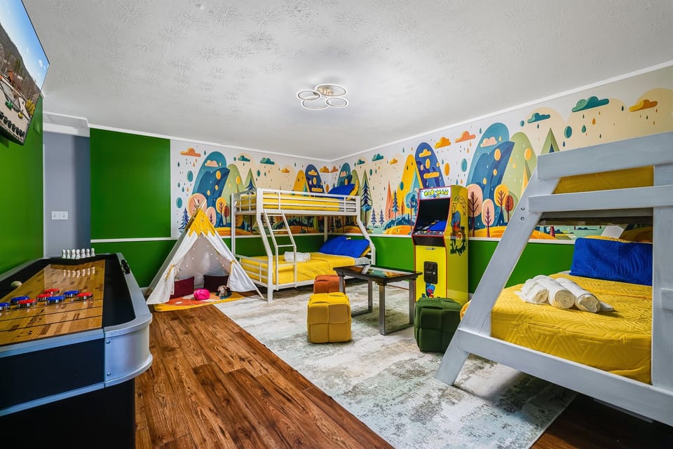 ids and teens will love their own retreat with bunk beds, arcade games, and a teepee.