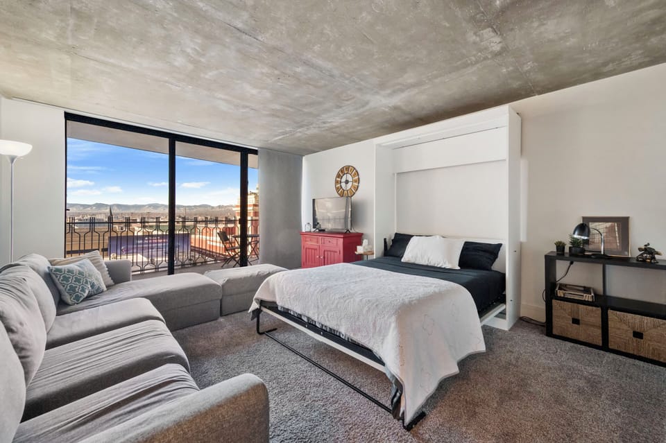 Murphy bed folds out for easy nights and folds up for open days.