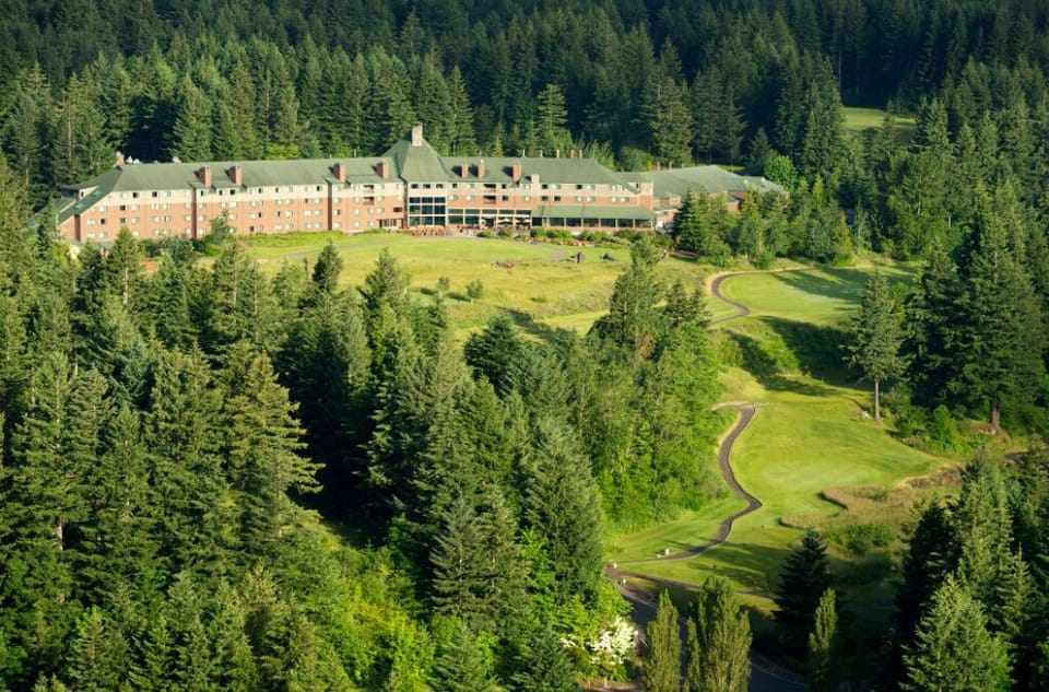 Surrounded by lush forests, Skamania Lodge provides stunning views for a serene getaway.