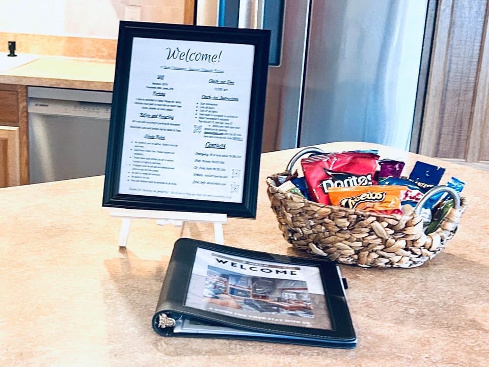 Welcome basket, digital guidebook, and easy check-in details for a smooth mountain getaway