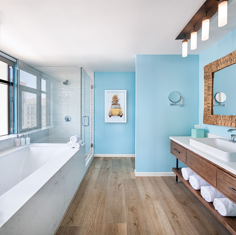 Designer toiletries, hair dryer, bathrobes, towels