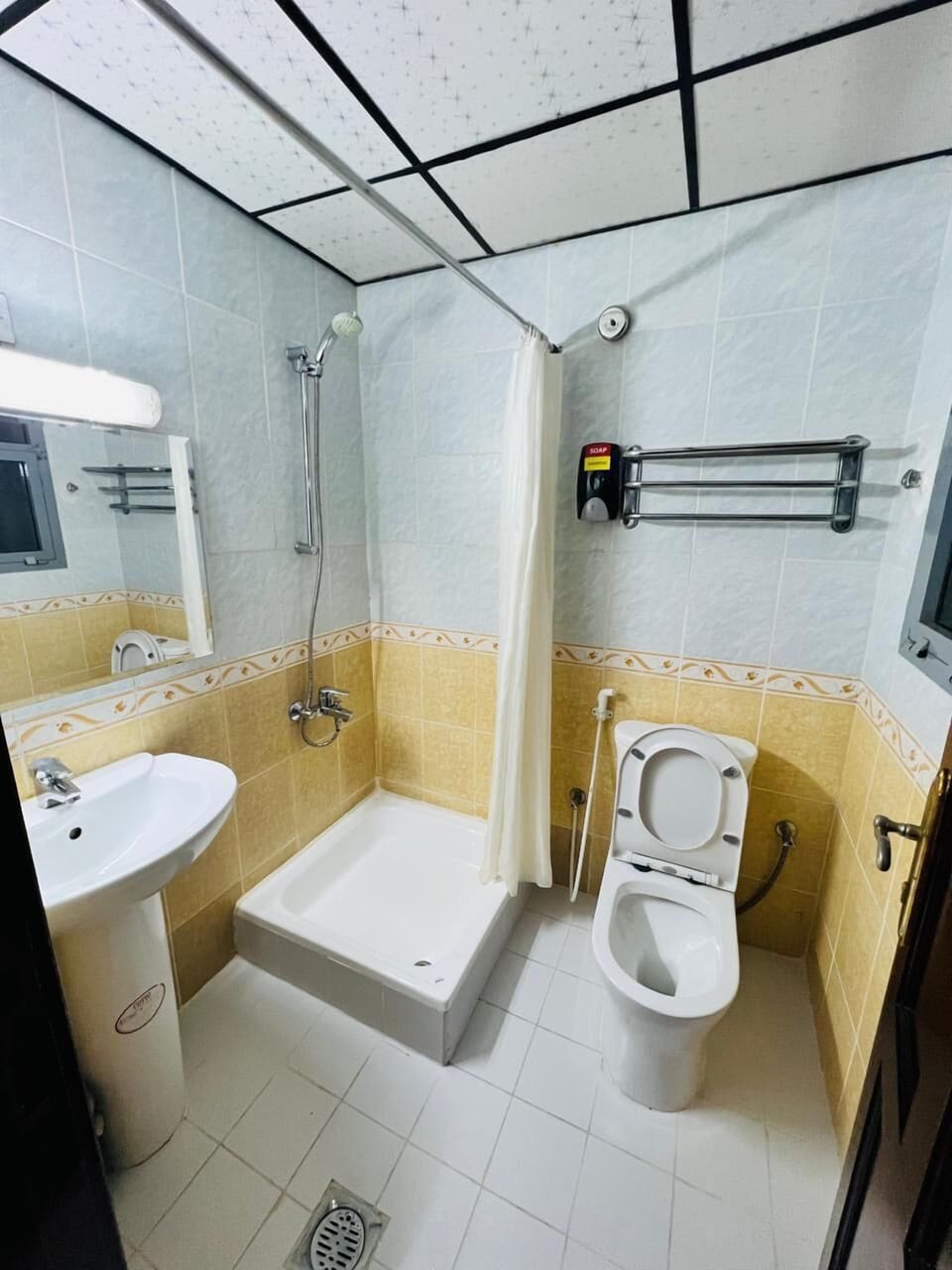 Hair dryer, towels, soap, shampoo