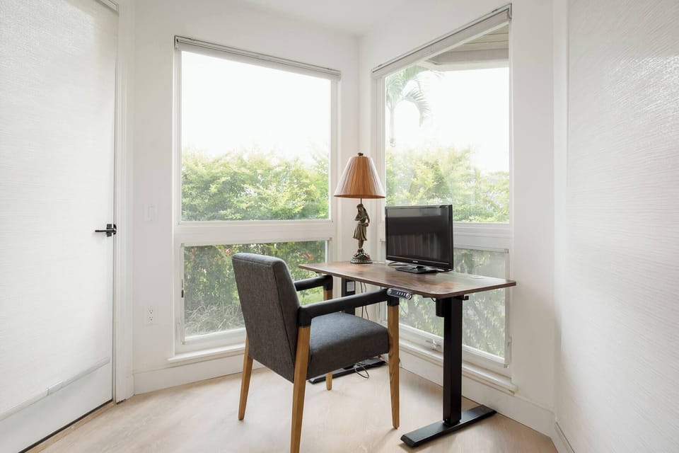 Downstairs master suite, office space with an adjustable sit-stand desk.  Ample mountain views to inspire creative work!
