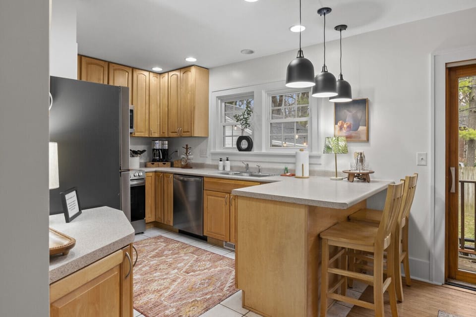 The kitchen has everything you need to cook in case you would rather stay in.