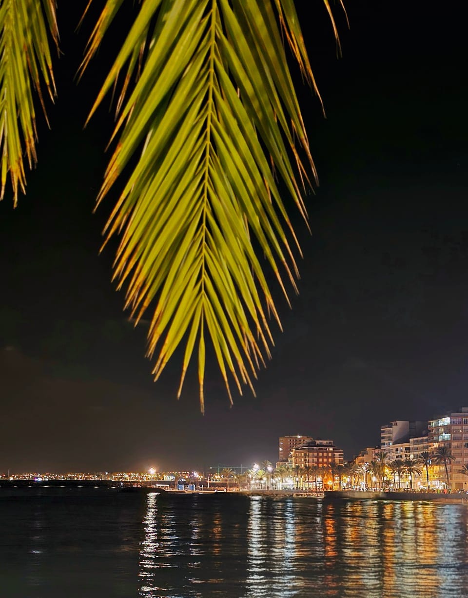 Just a few steps from the apartment, a vibrant view of Playa del Cura at night.