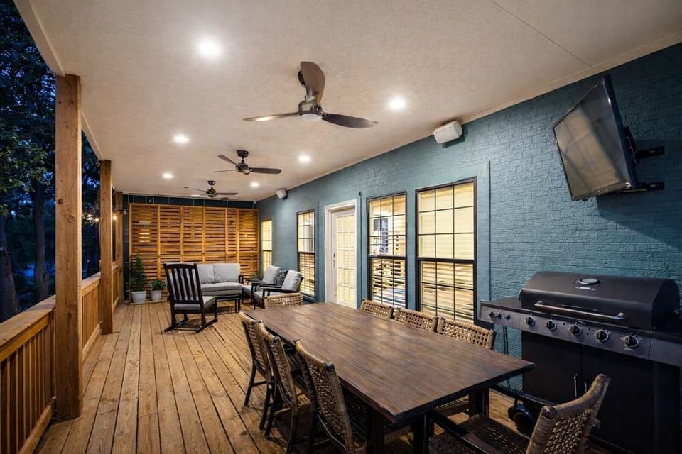 Enjoy the glow of evening lights while you grill and unwind.