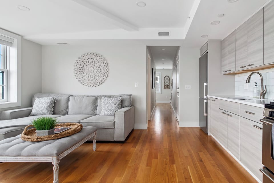 Open living, dining and kitchen.