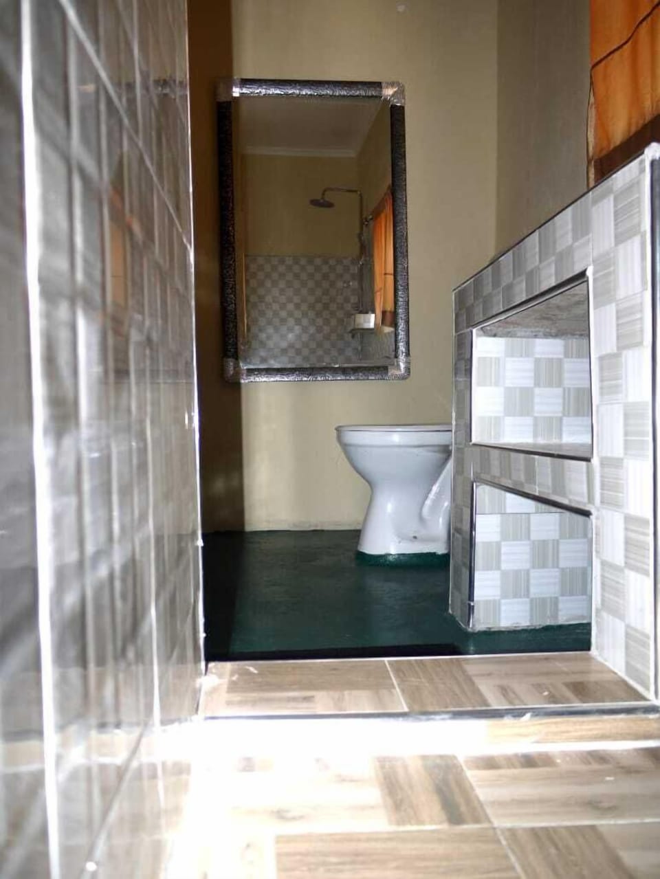 Shower, slippers, towels, soap
